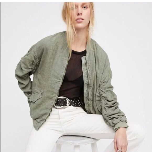 FREE PEOPLE Ruched Linen Bomber Jacket Green Size Medium - Picture 1 of 11